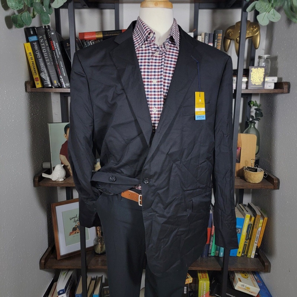 Stafford Men's Sport Coat Black 100s Wool Stretch Comfort Classic Size 50R NEW